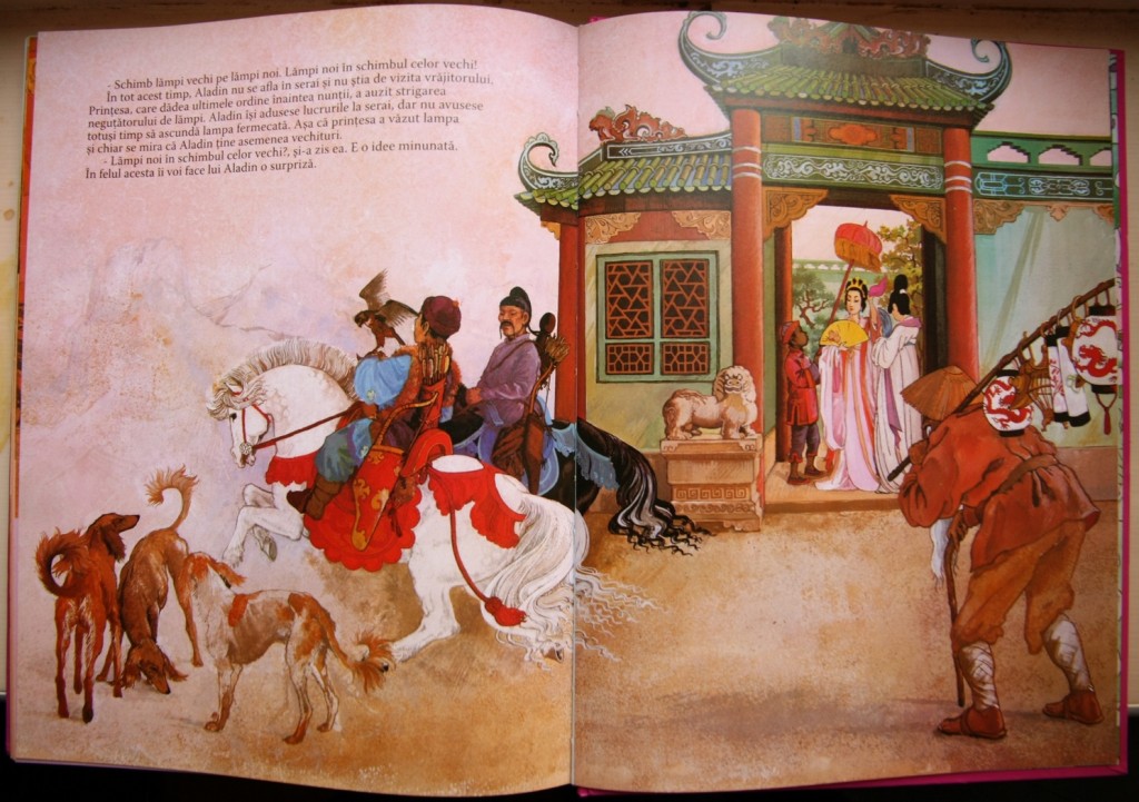 Întoarcerea vrăjitorului, din povestea „Aladin şi lampa fermecată”. Ilustraţie din ediţia Flamingo. (Fă clic pe ea s-o vezi mai mare. Foto @)