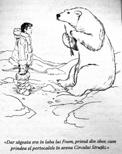 Fram prinde din zbor săgeata băieţelului eskimos. Ilustraţie de Zguby. (clic pe ilustraţie s-o vezi mare!). (Foto @)